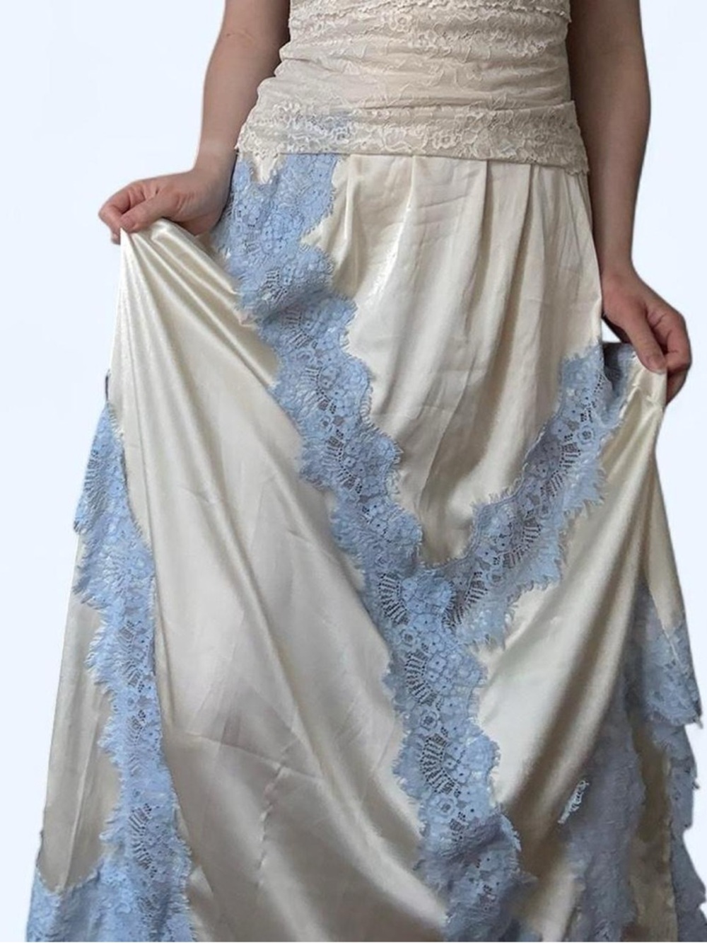 Satin Lace Trim Irregular Hem Drape Midi Skirt